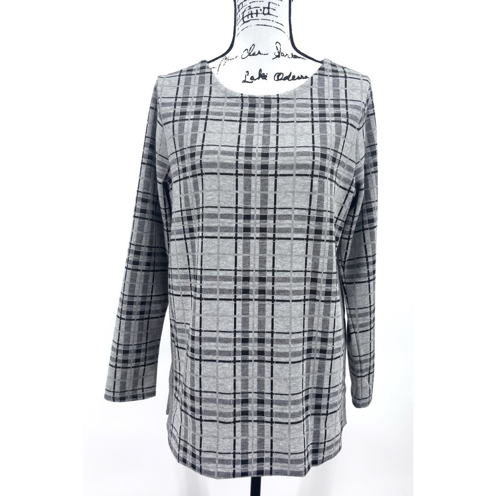 J Jill Plaid Tunic‎ Sweater Size Medium Gray Black Metallic Knit Top Long Sleeve
